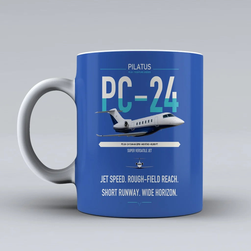 Pilatus PC-24 design on blue ceramic mug, double-side print