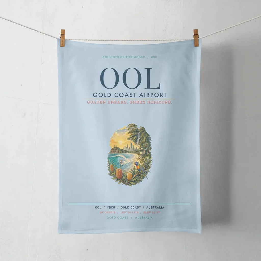 Gold Coast Airport (OOL) design on light blue towel