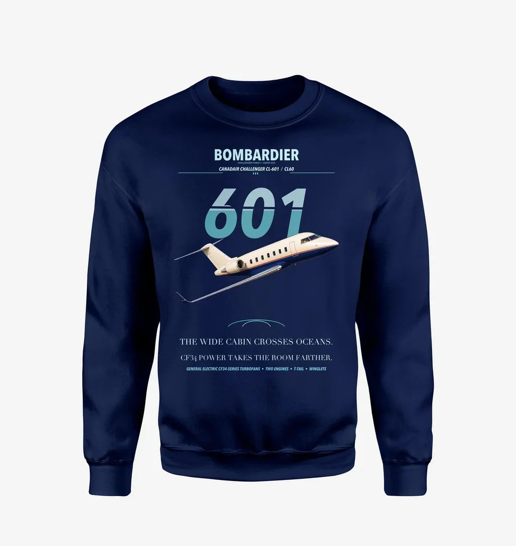 Bombardier Challenger 601 design on navy blue sweatshirt
