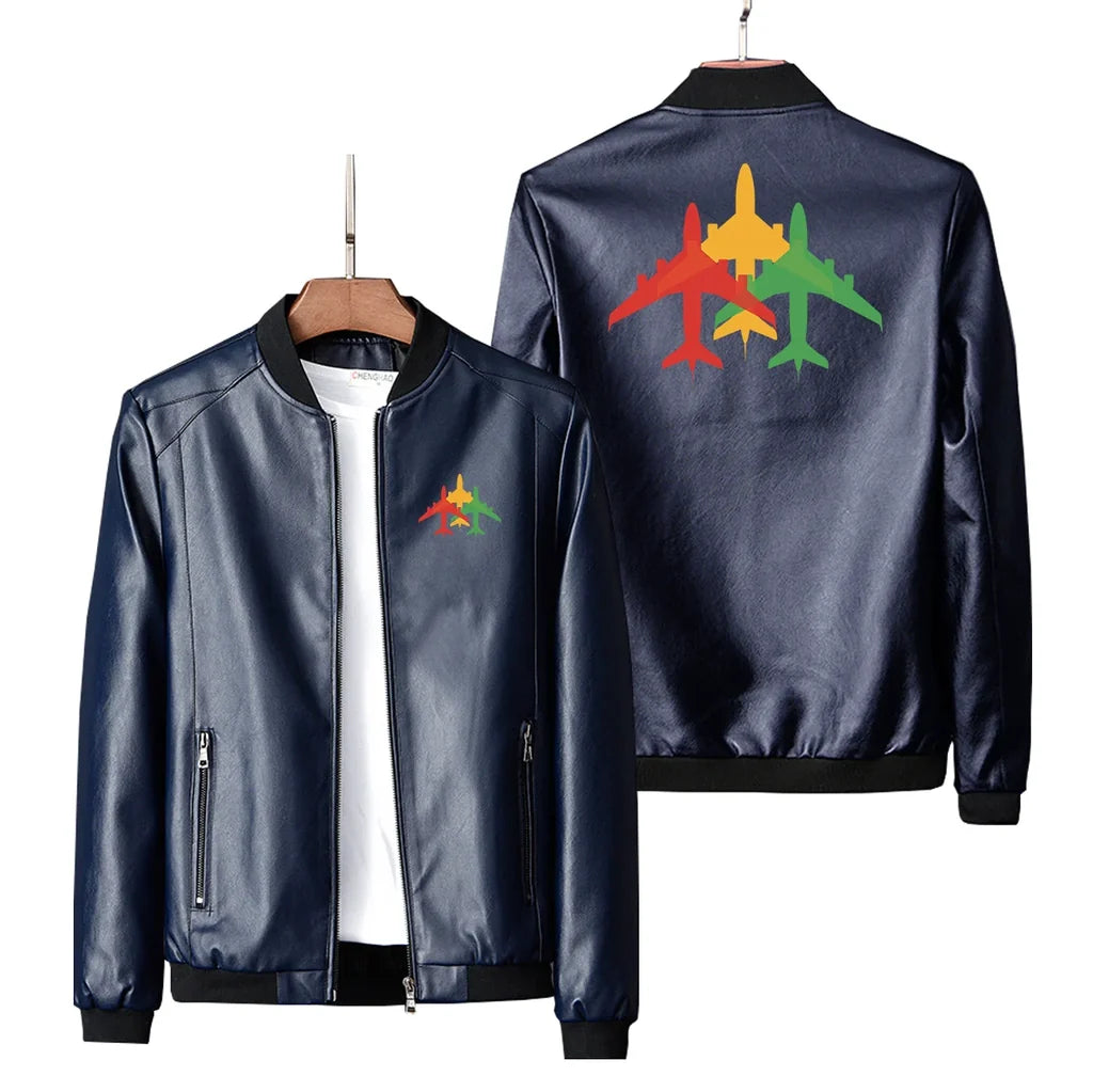 Colourful 3 Airplanes Leather Jacket - view 4