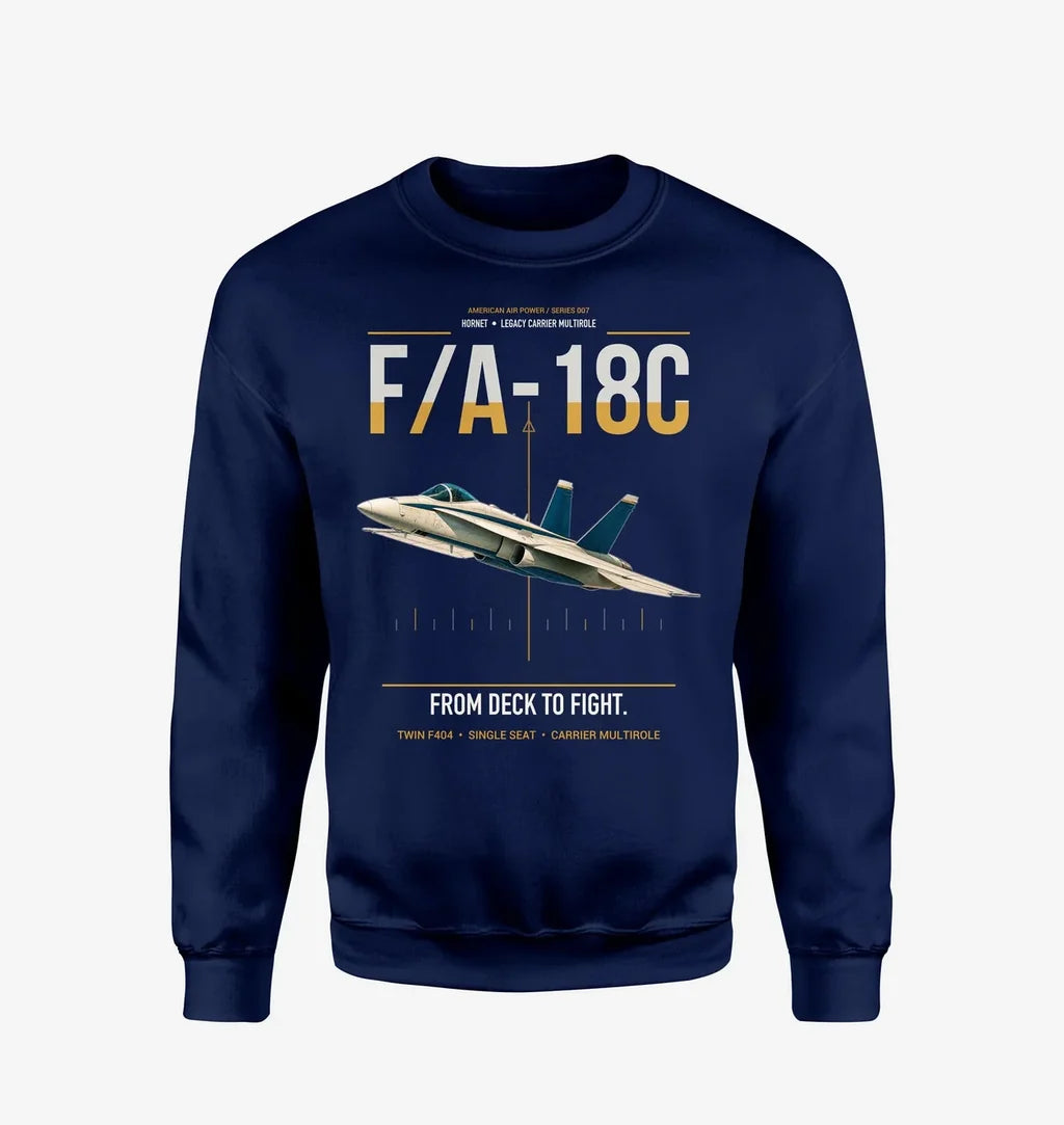 F-A-18C Hornet design on navy blue sweatshirt