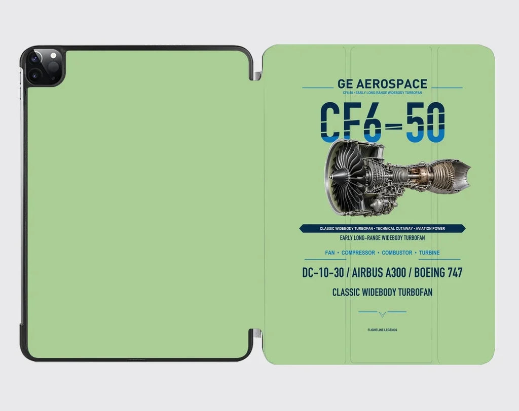 CF6-50 design on light green ipad tablet case