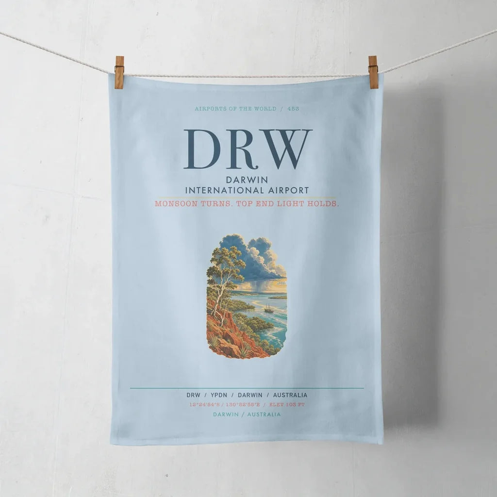 Darwin International Airport (DRW) design on light blue towel