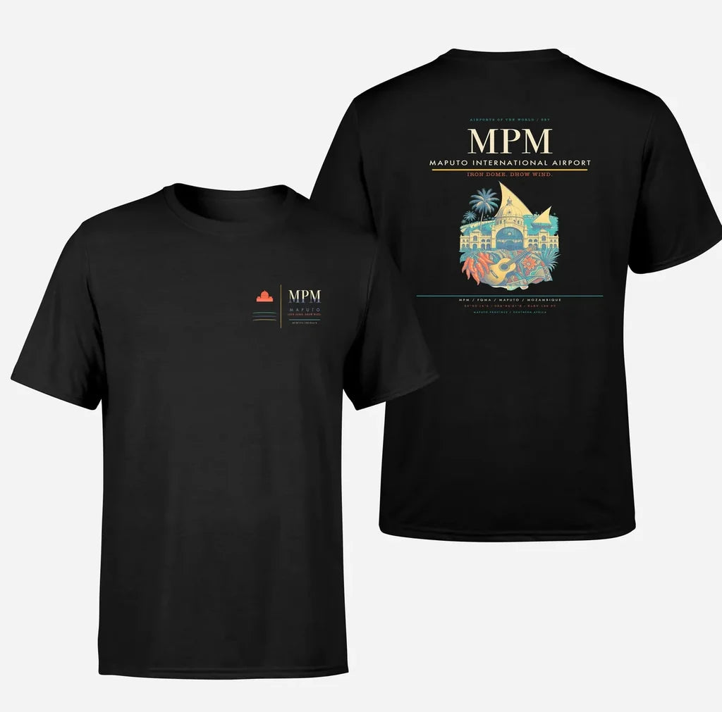 Maputo International Airport (MPM) design printed on black double-side t-shirt