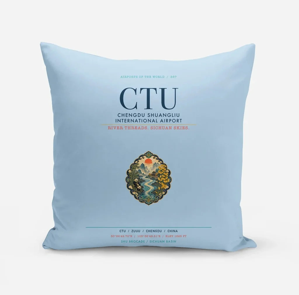 Chengdu Shuangliu International Airport (CTU) design on light blue pillow