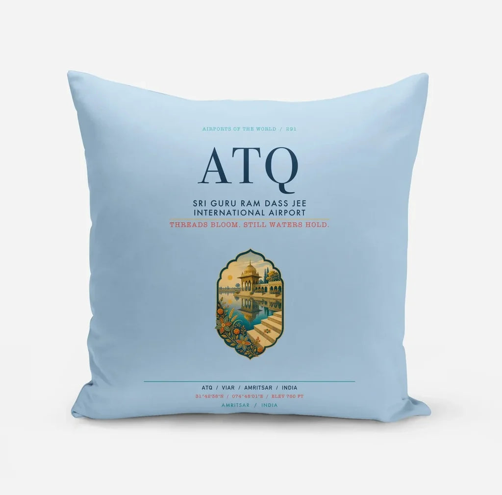 Sri Guru Ram Dass Jee International Airport Amritsar (ATQ) design on light blue pillow