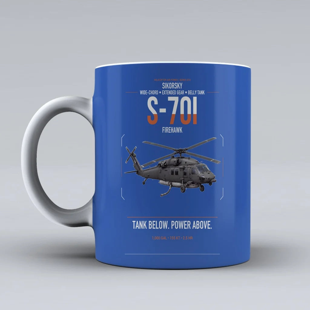 Sikorsky S-70i FIREHAWK design on blue ceramic mug, double-side print