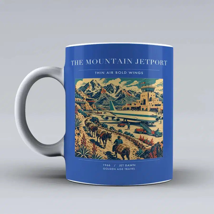 VINTAGE G4123 - The Mountain Jetport - Ceramic Mug design on blue