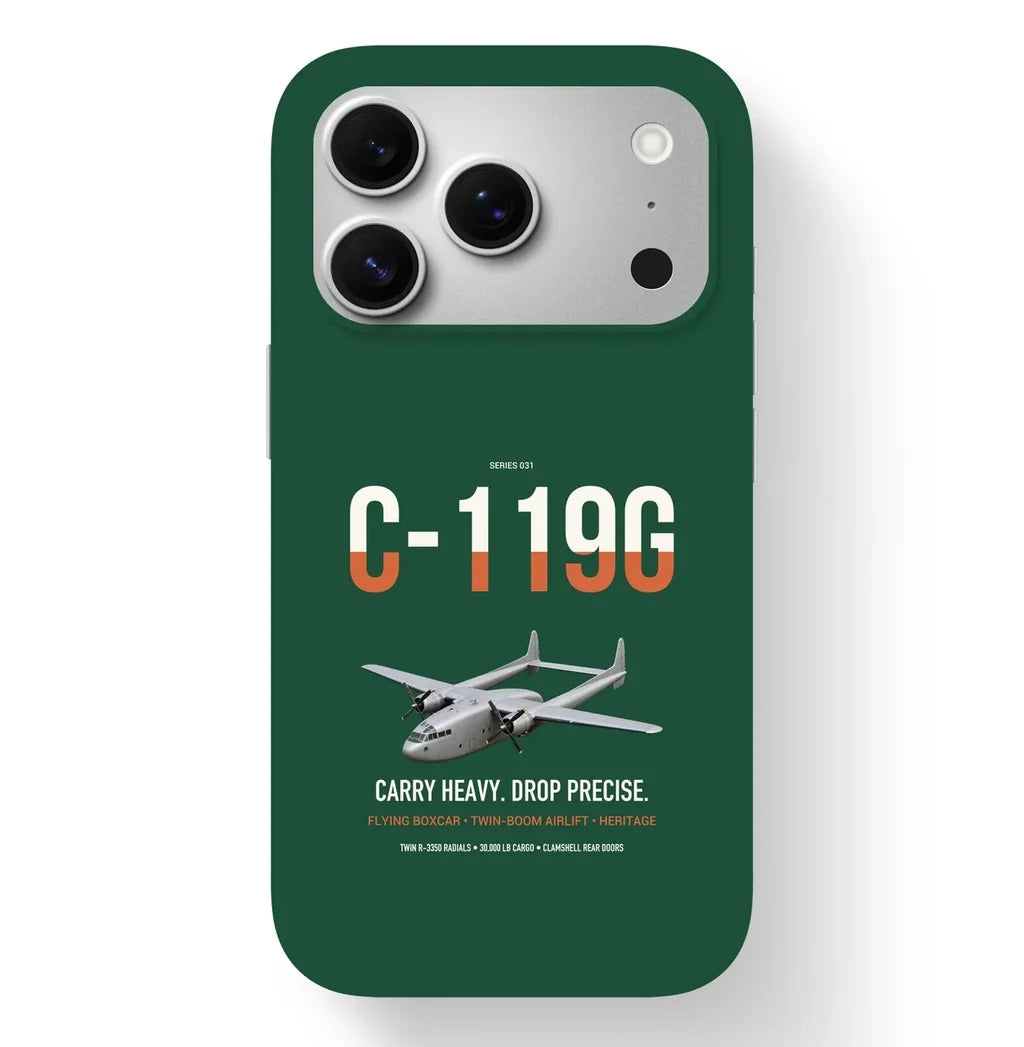 C-119G Flying Boxcar design on dark green magsafe iphone case, for iPhone 17 Pro