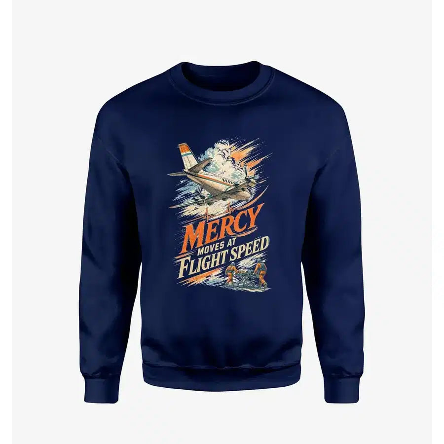 Mercy Moves At Flight Speed design on navy blue sweatshirt