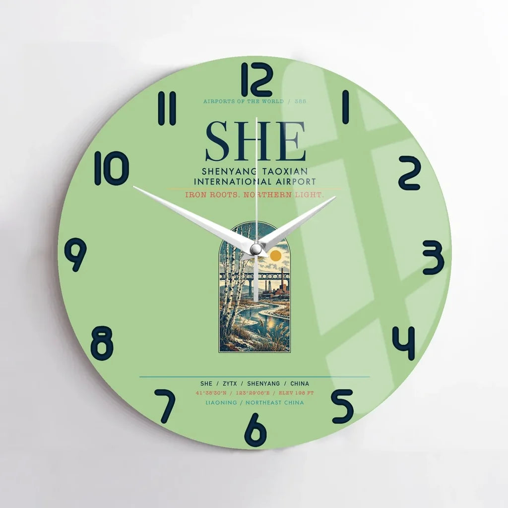 Shenyang Taoxian International Airport (SHE) design on light green no frame wall clock