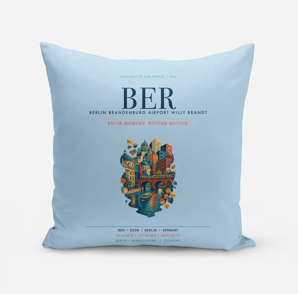 Berlin Brandenburg Airport Willy Brandt (BER) design on light blue pillow