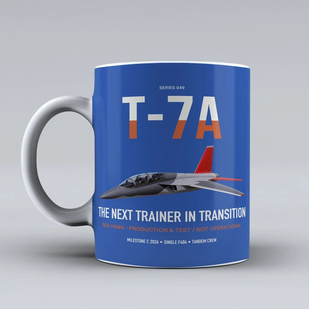 T-7A Red Hawk design on blue ceramic mug, double-side print