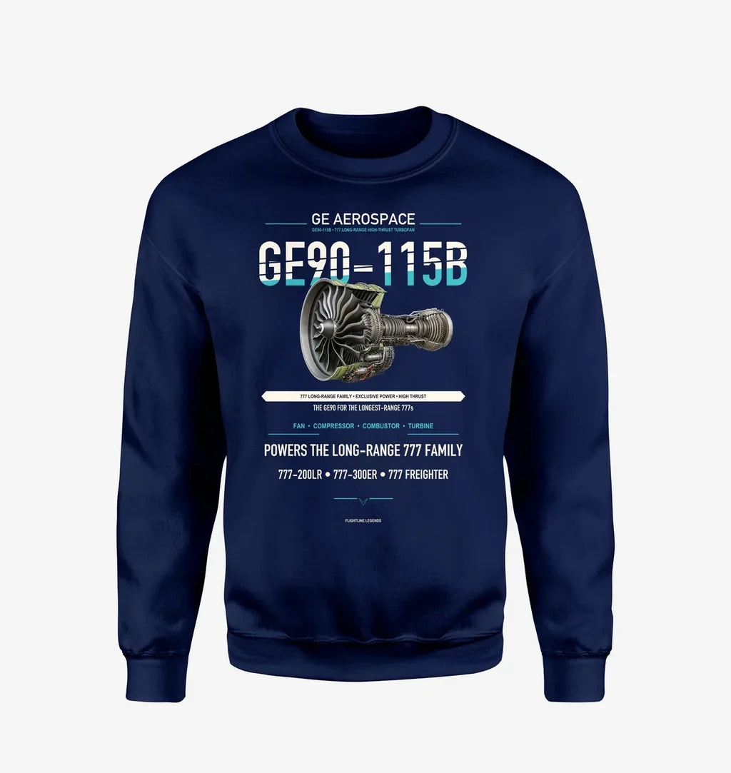 GE90-115B design on navy blue sweatshirt