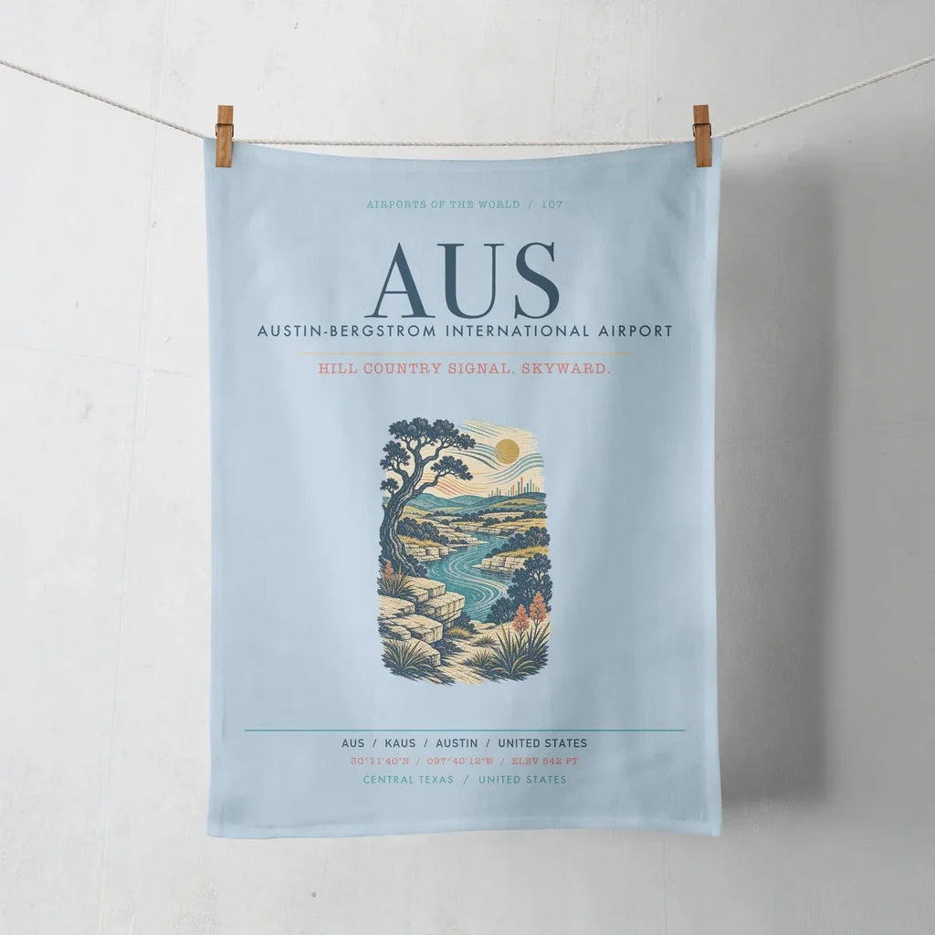Austin-Bergstrom International Airport (AUS) design on light blue towel