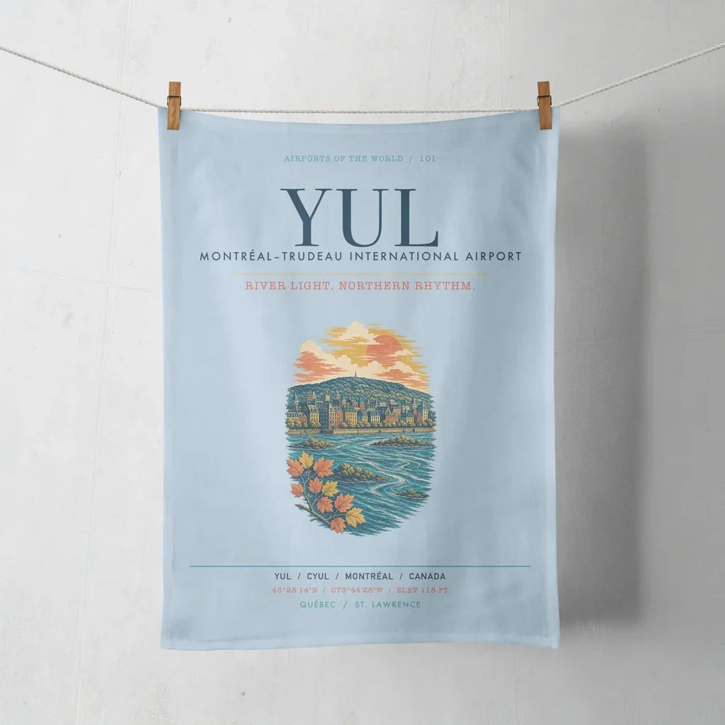 Montréal–Trudeau International Airport (YUL) design on light blue towel