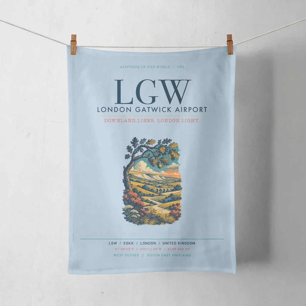 London Gatwick Airport (LGW) design on light blue towel