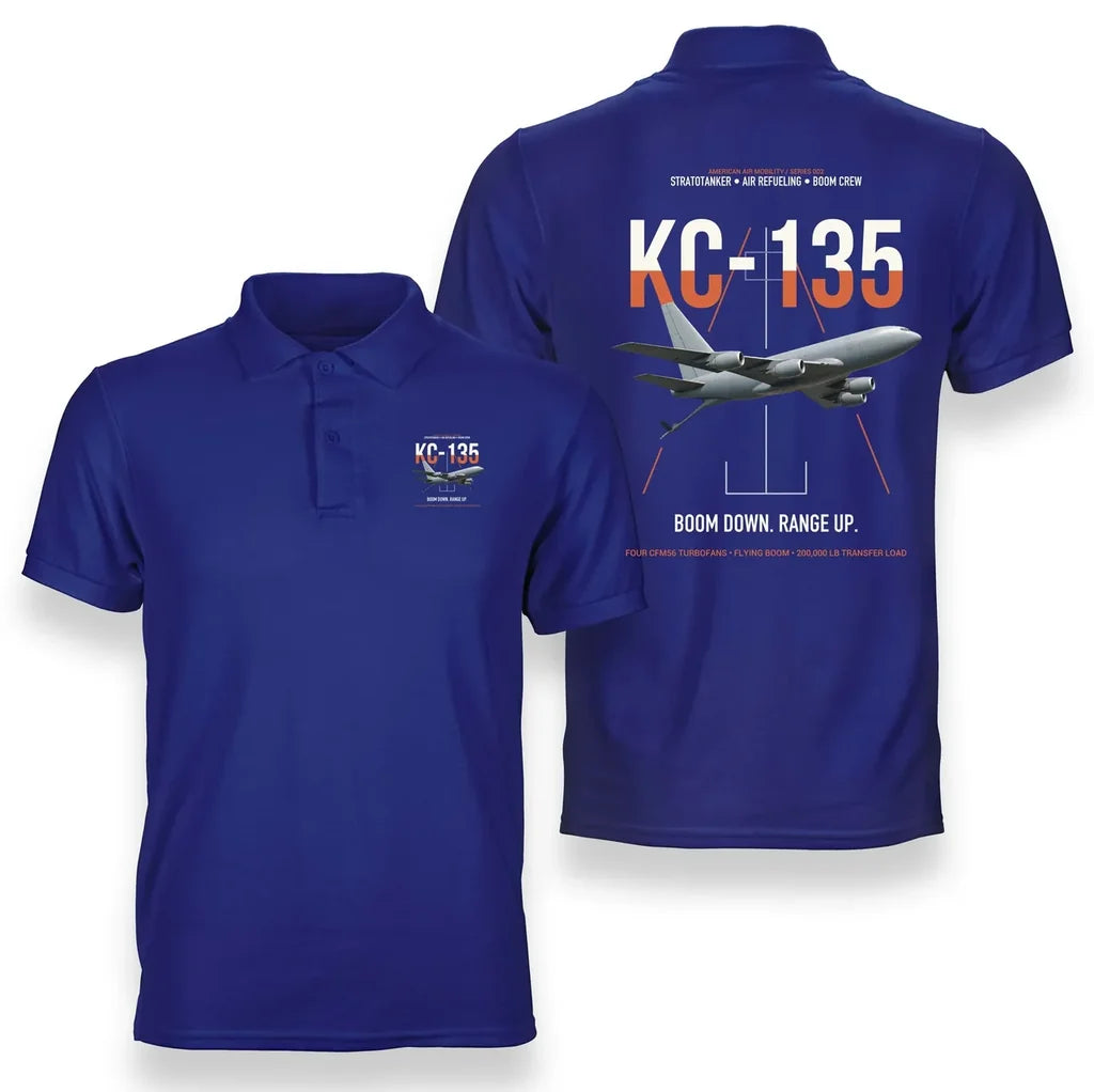 KC-135 STRATOTANKER design on blue double-side polo t-shirt, double-side print