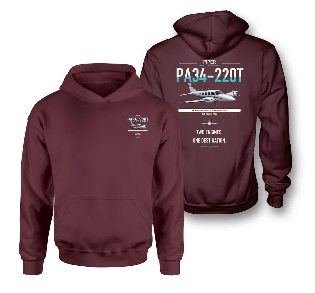 Piper PA-34-220T Seneca V design on dark red double-side hoodie, double-side print