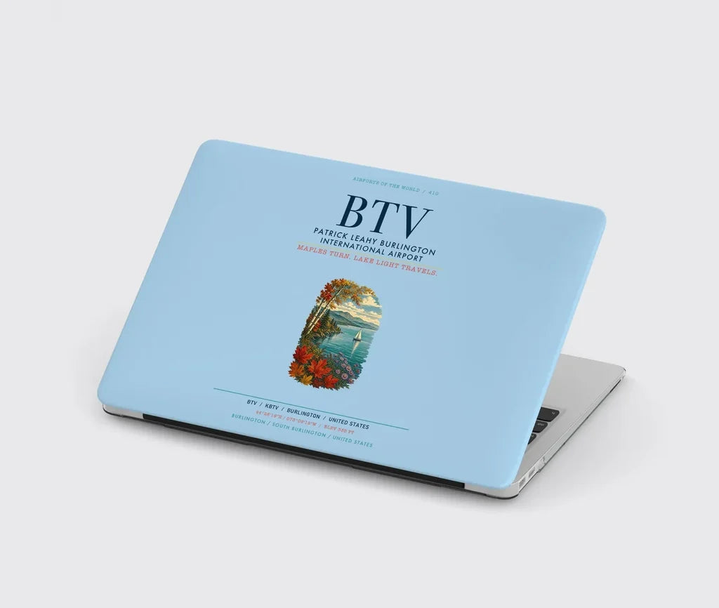 Patrick Leahy Burlington International Airport (BTV) design on light blue MacBook case