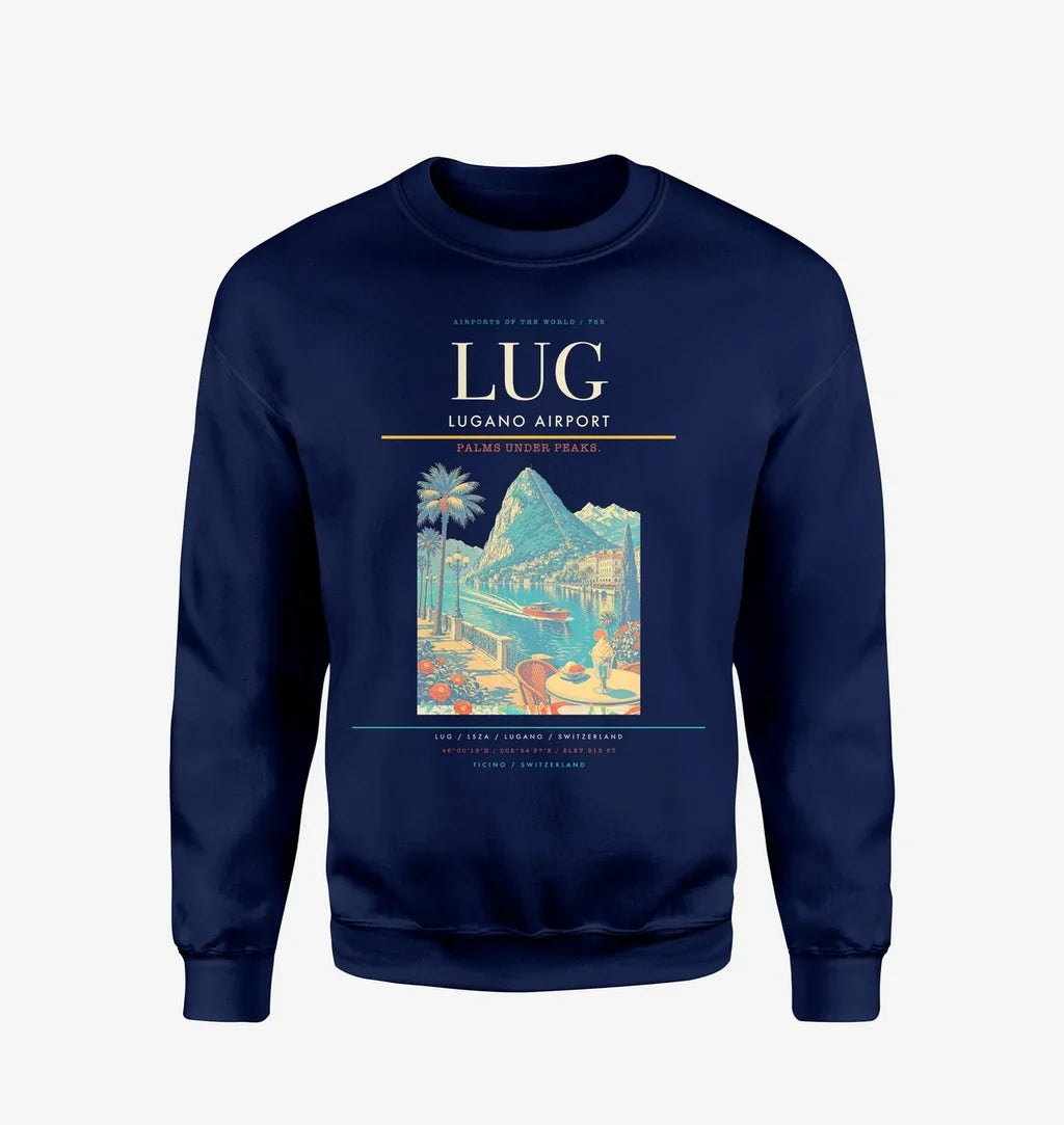 Lugano Airport (LUG) design on navy blue sweatshirt