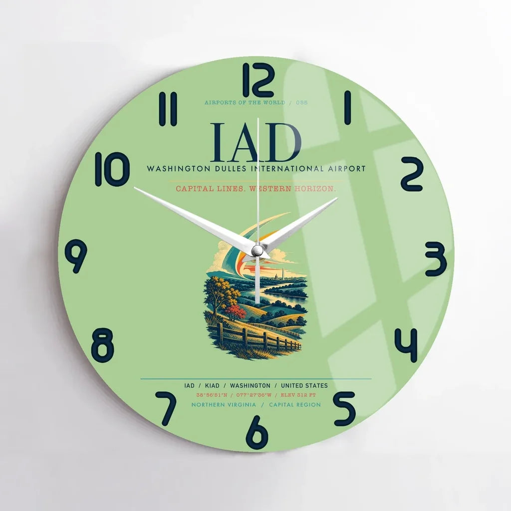 Washington Dulles International Airport (IAD) design on light green no frame wall clock