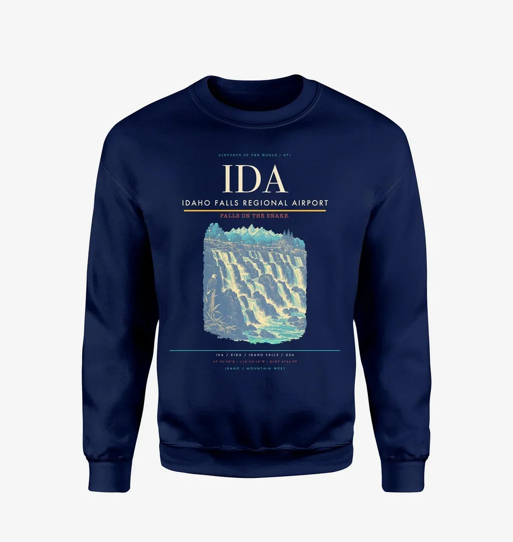 Idaho Falls Regional Airport (IDA) design on navy blue sweatshirt