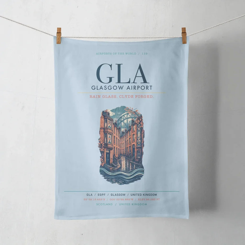 Glasgow Airport (GLA) design on light blue towel