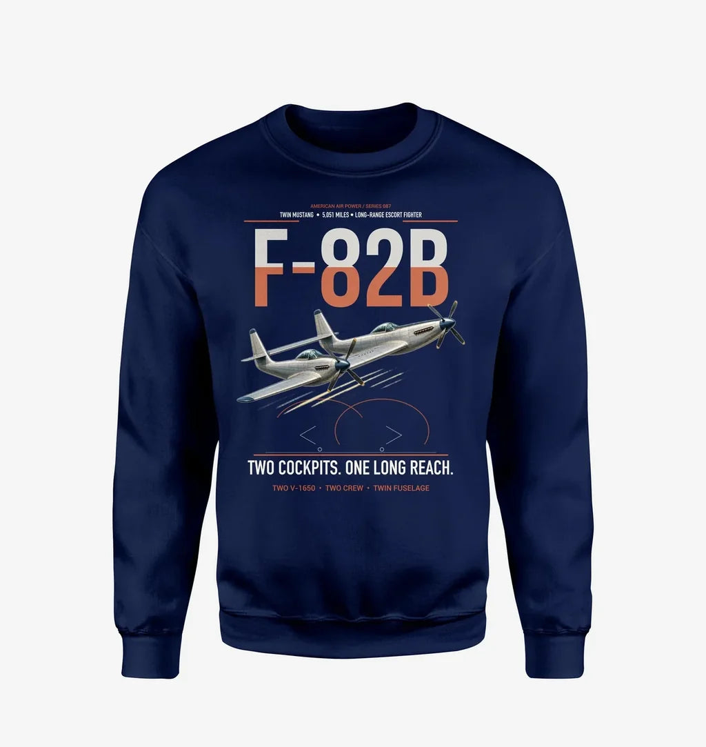 F-82B Twin Mustang design on navy blue sweatshirt