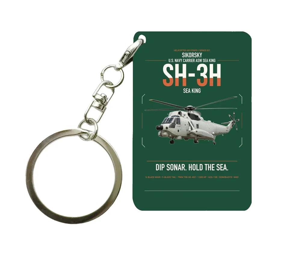Sikorsky SH-3H Sea King design on dark green designed key chain, double-side print