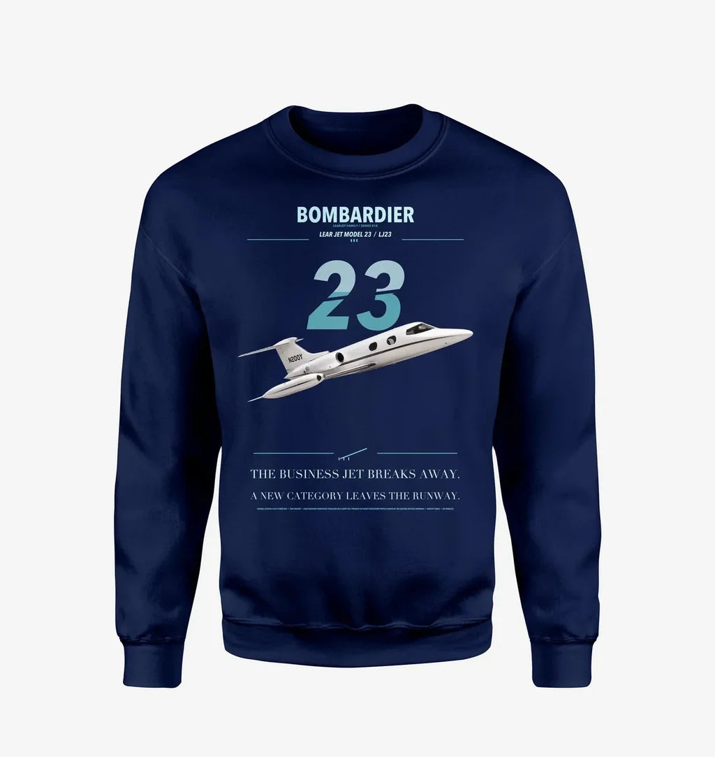 Bombardier Learjet 23 design on navy blue sweatshirt