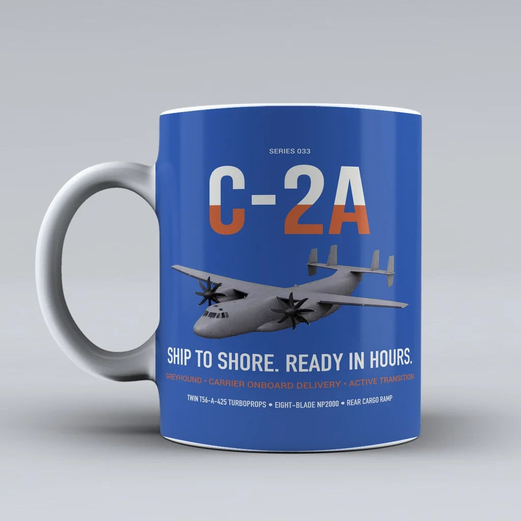 C-2A Greyhound design on blue ceramic mug, double-side print