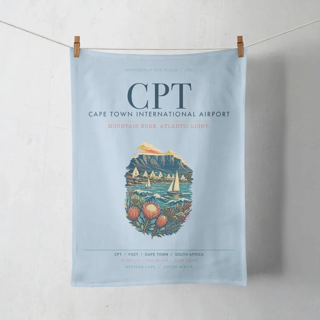 Cape Town International Airport (CPT) design on light blue towel