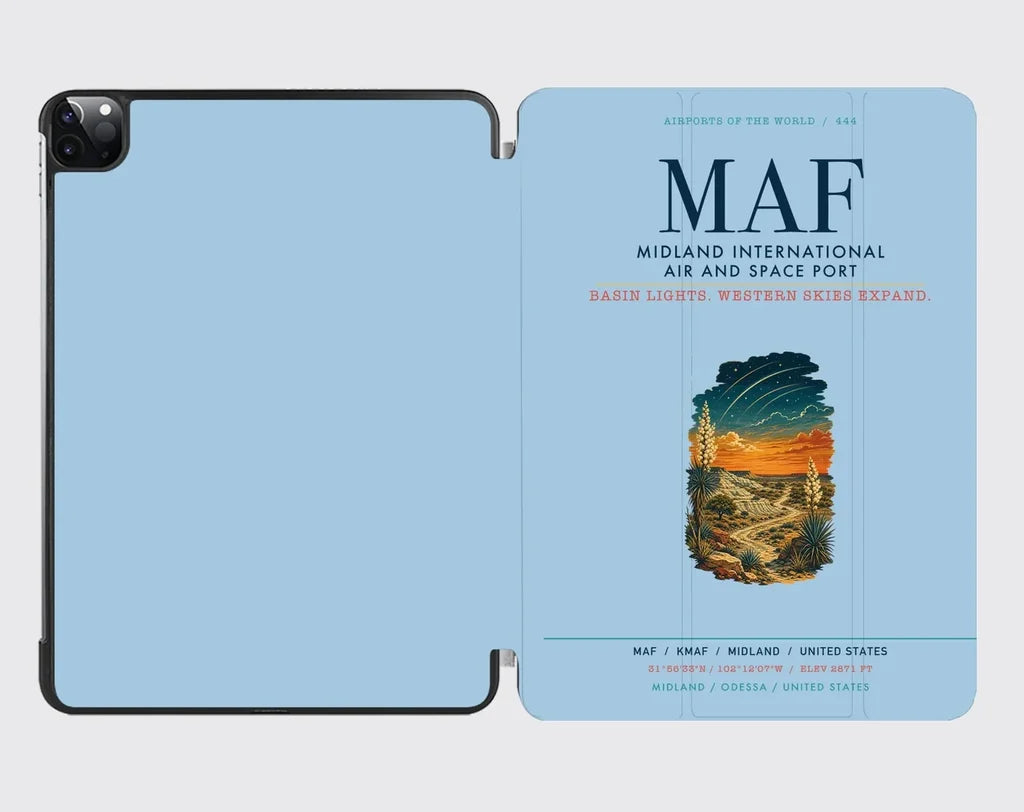 Midland International Air and Space Port (MAF) design on light blue ipad tablet case