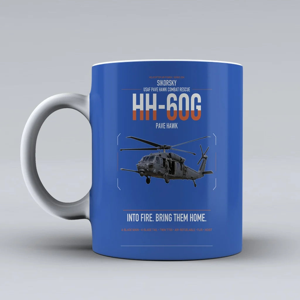 Sikorsky HH-60G Pave Hawk design on blue ceramic mug, double-side print