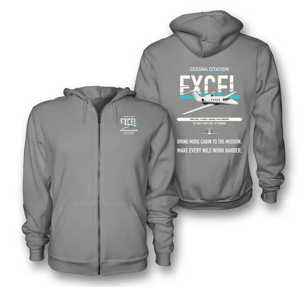 Cessna Citation Excel design on gray premium zipped hoodie, double-side print