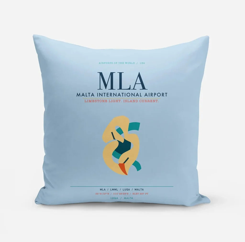 Malta International Airport (MLA) design on light blue pillow