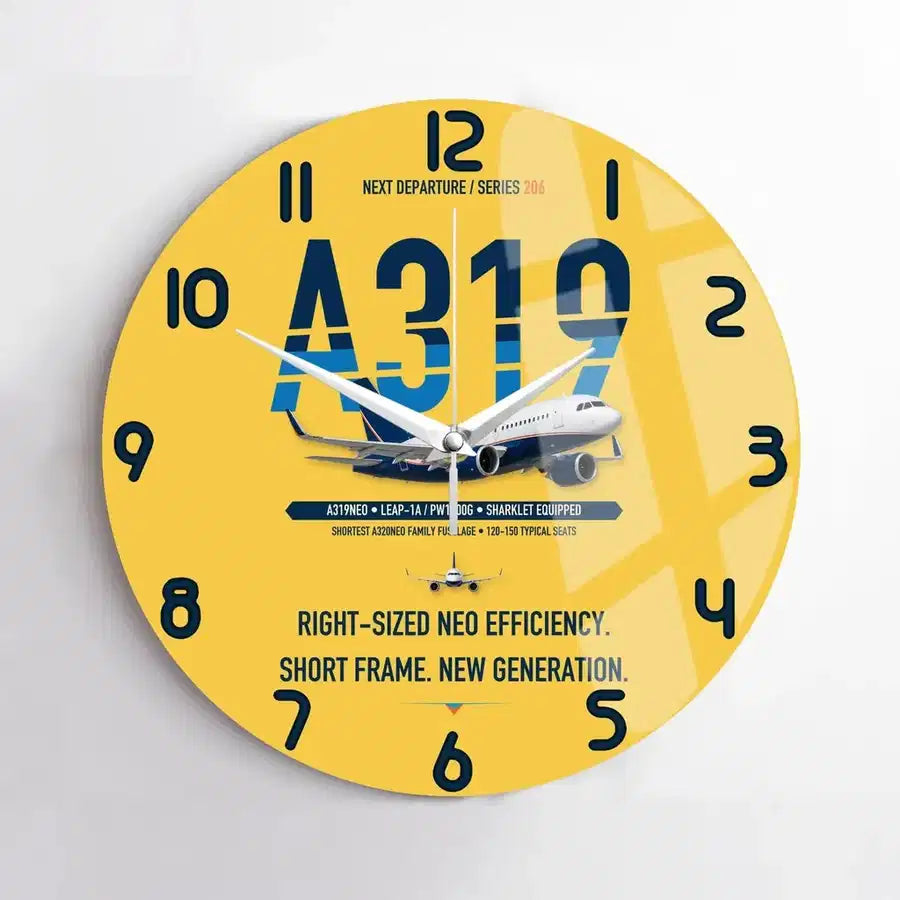 Airbus A319neo design on yellow no frame wall clock