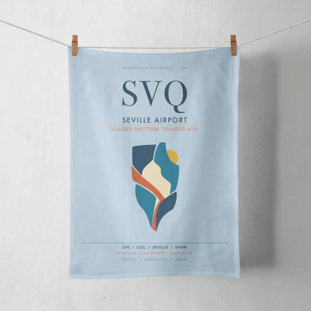Seville Airport (SVQ) design on light blue towel