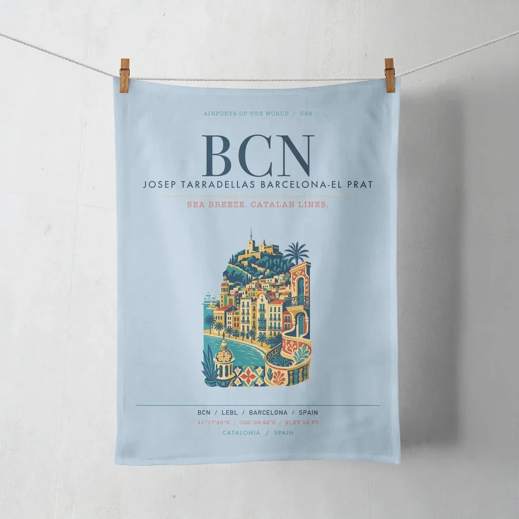 Josep Tarradellas Barcelona-El Prat Airport (BCN) design on light blue towel