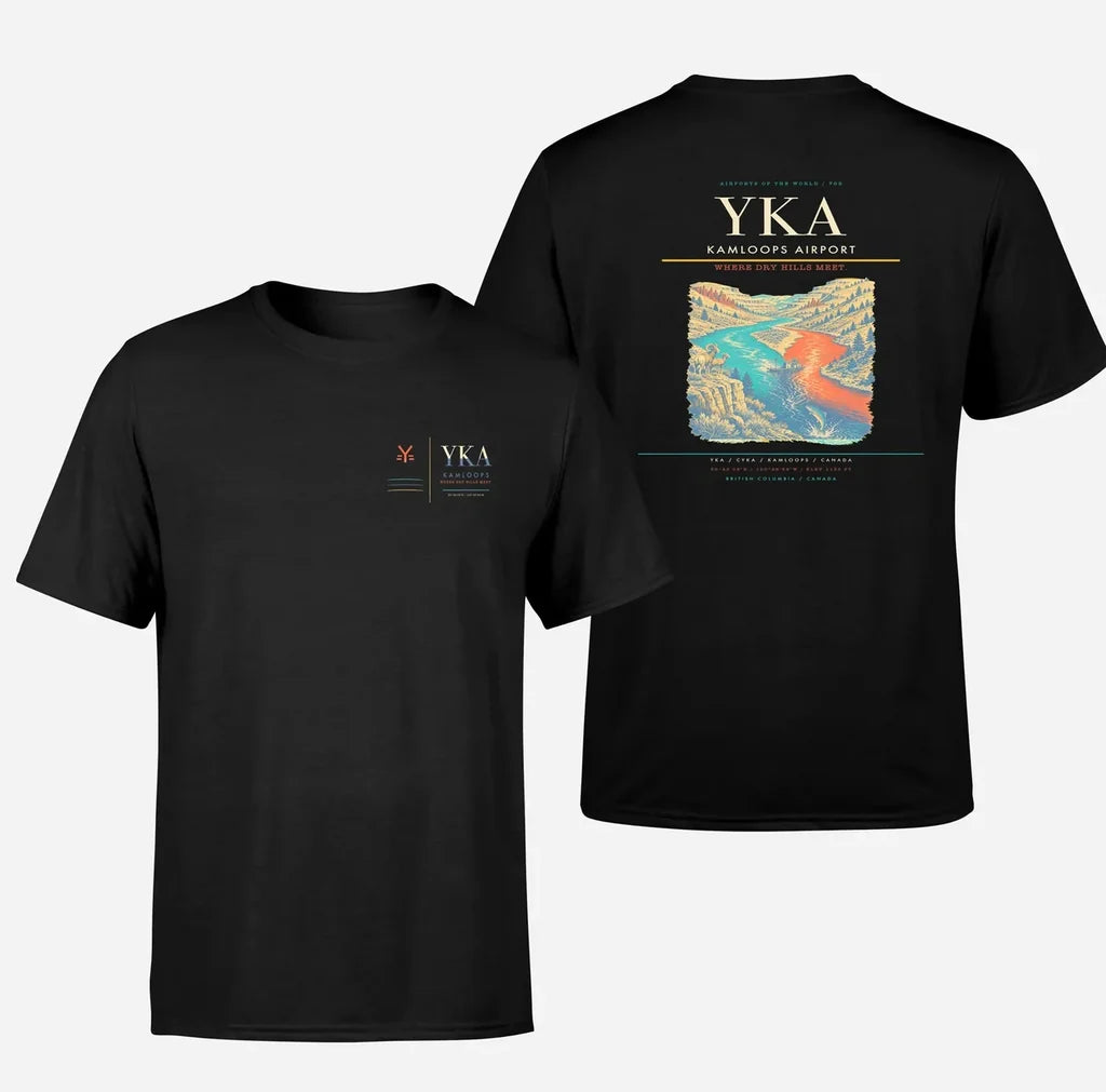 Kamloops Airport (YKA) design printed on black double-side t-shirt