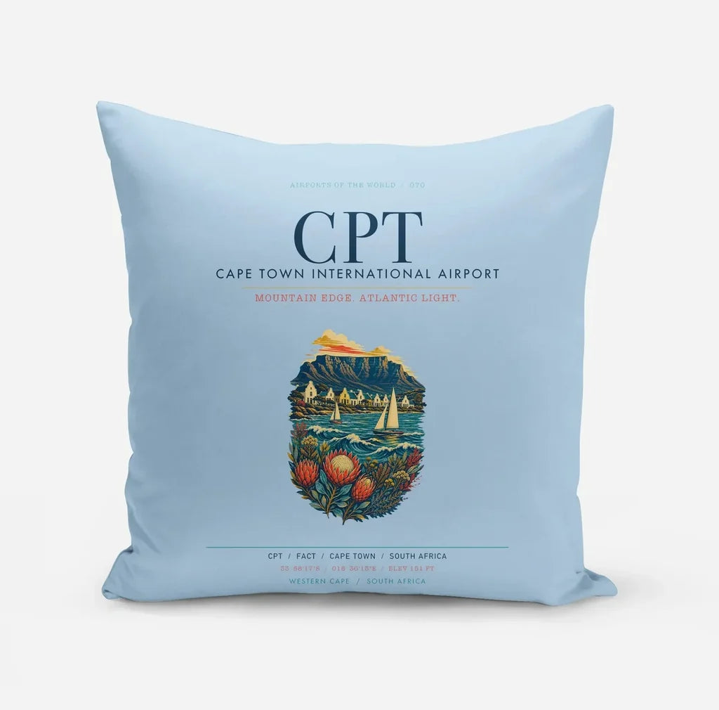 Cape Town International Airport (CPT) design on light blue pillow
