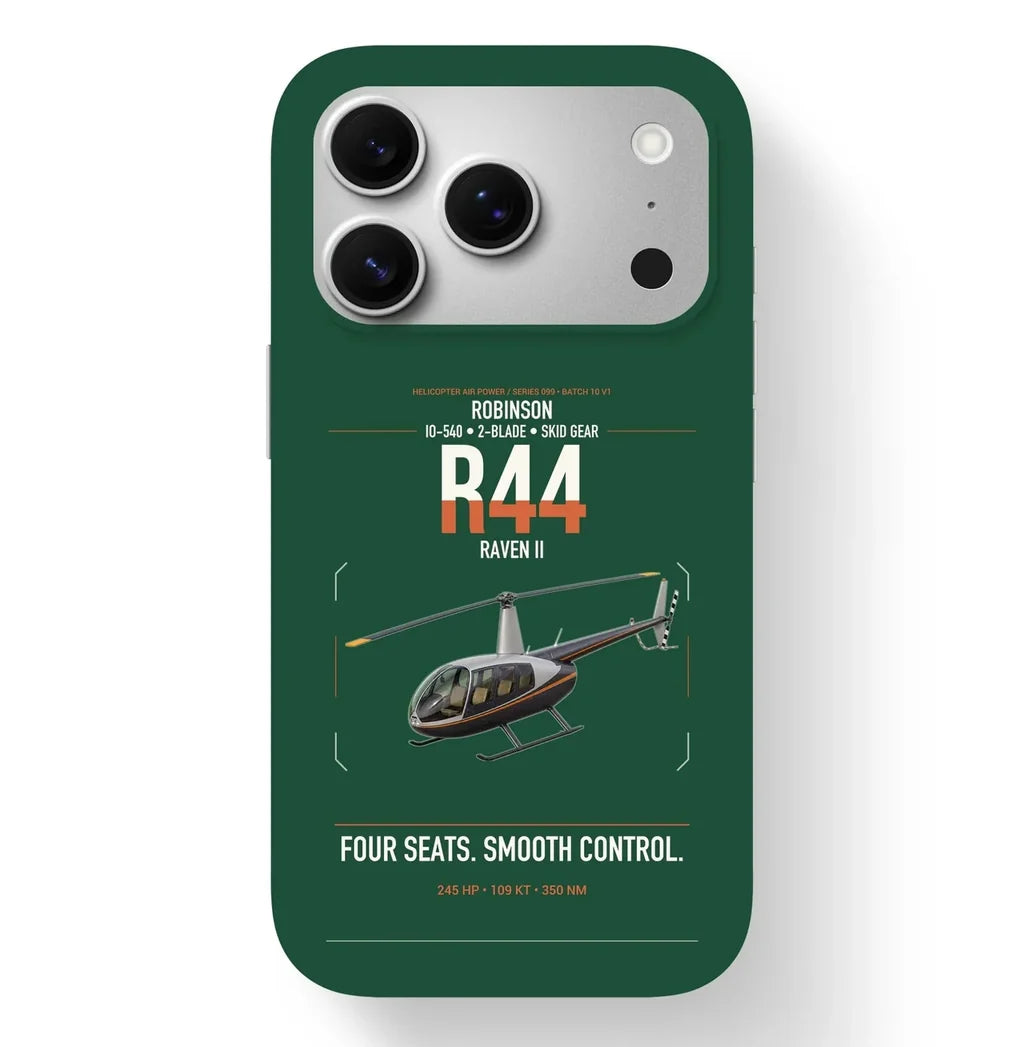 Robinson R44 Raven II design on dark green magsafe iphone case, for iPhone 17 Pro