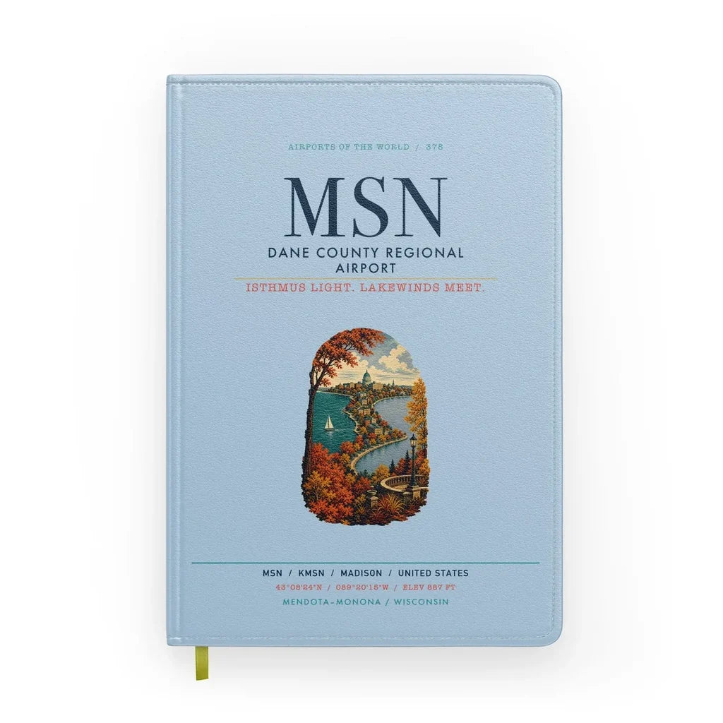 Dane County Regional Airport Madison (MSN) design on light blue notebook