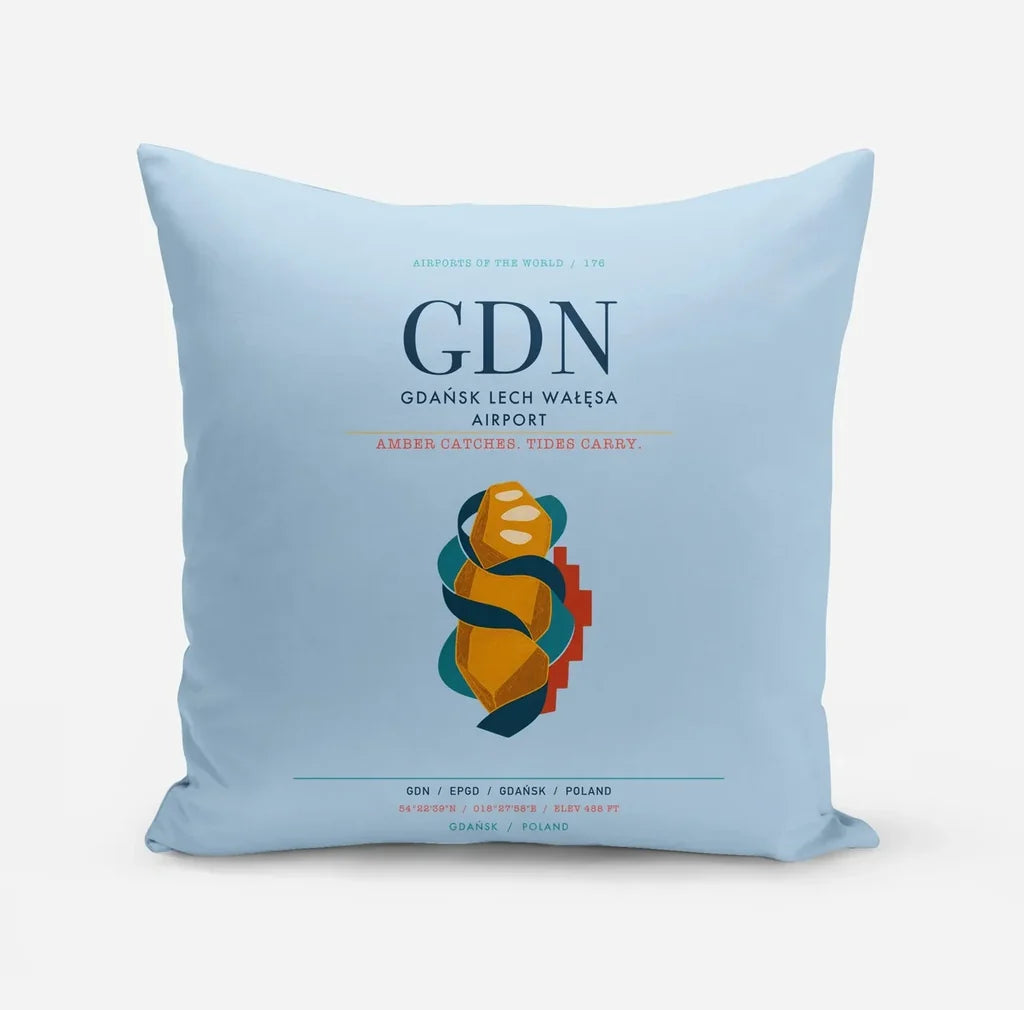 Gdańsk Lech Wałęsa Airport (GDN) design on light blue pillow