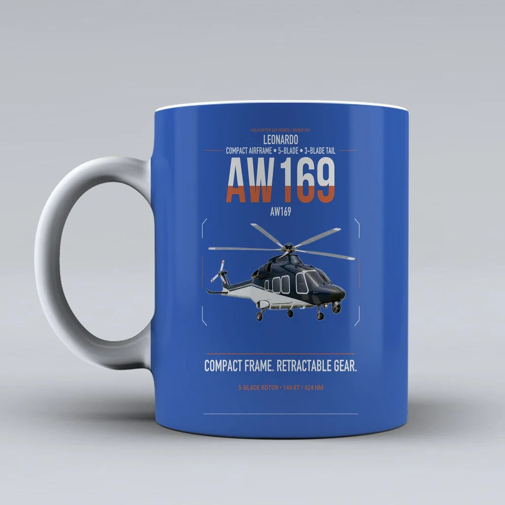Leonardo AW169 design on blue ceramic mug, double-side print