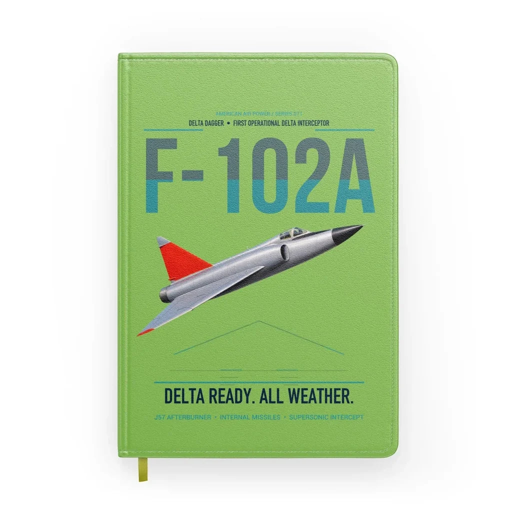 F-102A Delta Dagger design on light green notebook