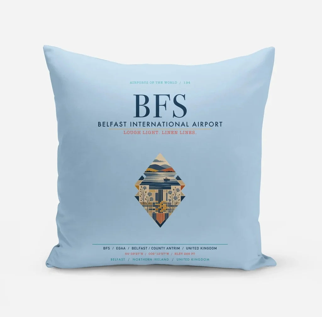 Belfast International Airport (BFS) design on light blue pillow