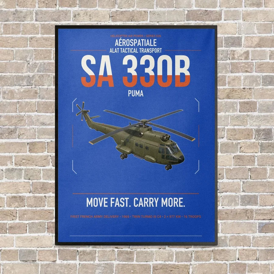 Aérospatiale SA 330B Puma vertical canvas print - framed - blue background