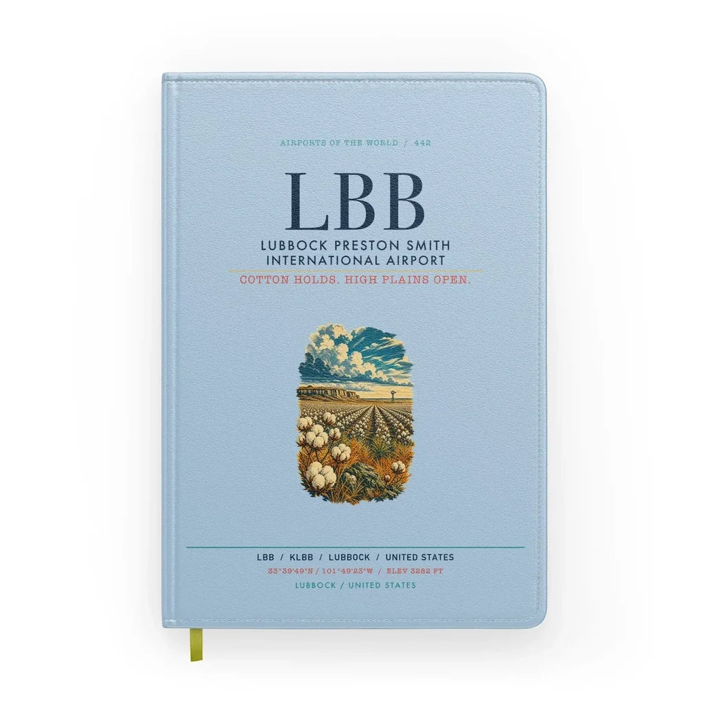 Lubbock Preston Smith International Airport (LBB) design on light blue notebook